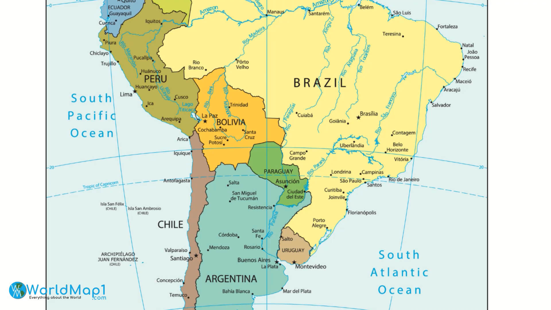 South America and Tropic of Capricorn Location Map